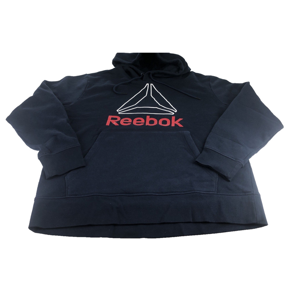 Reebok Men's Hoodie Large Graphic Vector Logo Blue Red Pullover Kangaroo Pocket